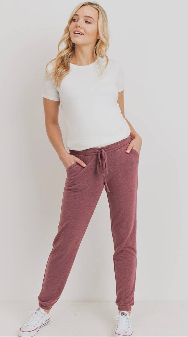 Hello Miz Two-Toned Brushed Terry Maternity Sweatpants, Burgundy