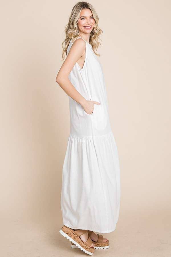 Maxi Mama Tiered Linen Dress with Pockets, Soft White