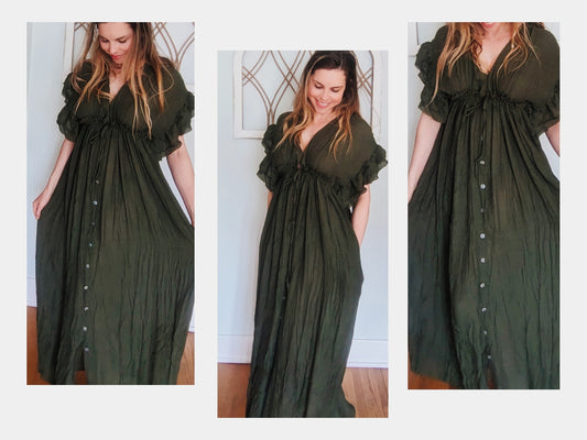 The Boho Bombshell Cotton Blend Photoshoot Gown with Pockets, Moss