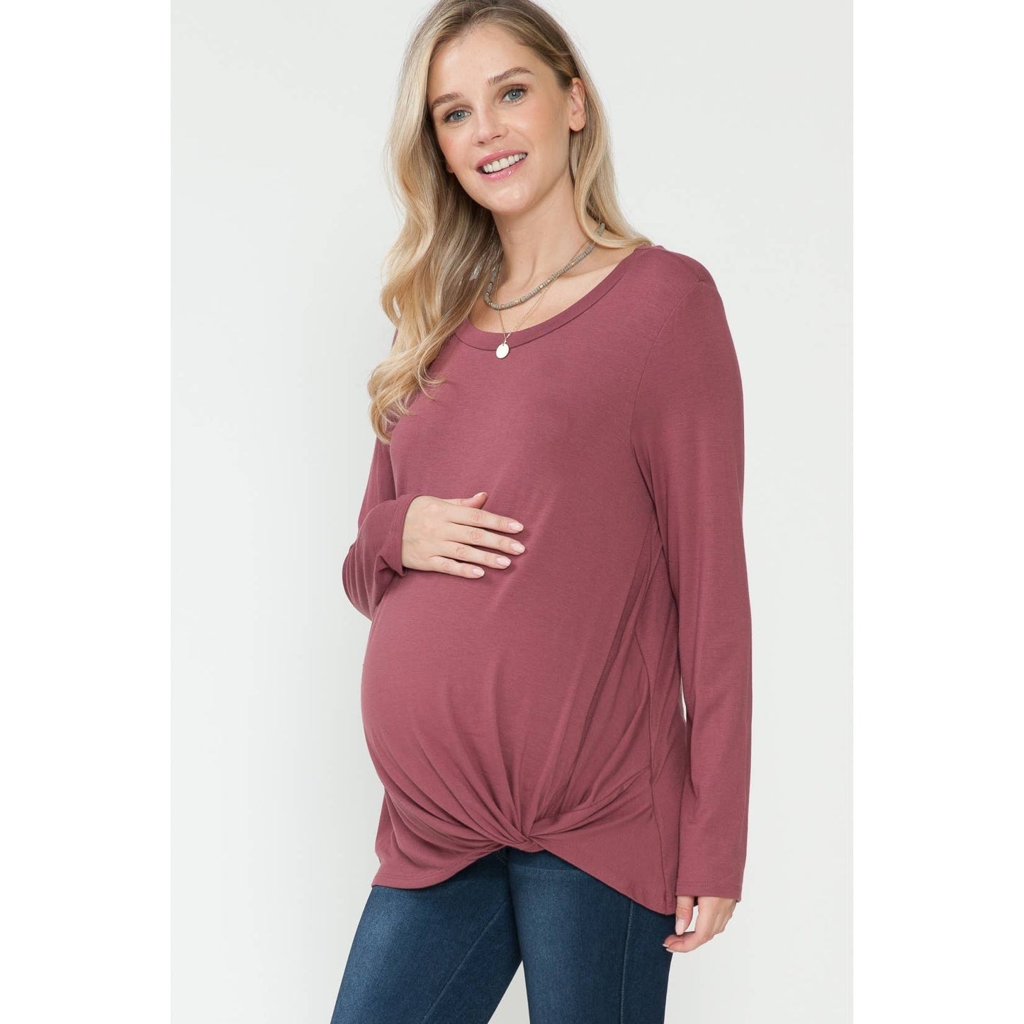 Maternity Front Hem Twist Basic Solid Long Sleeve Solid Top