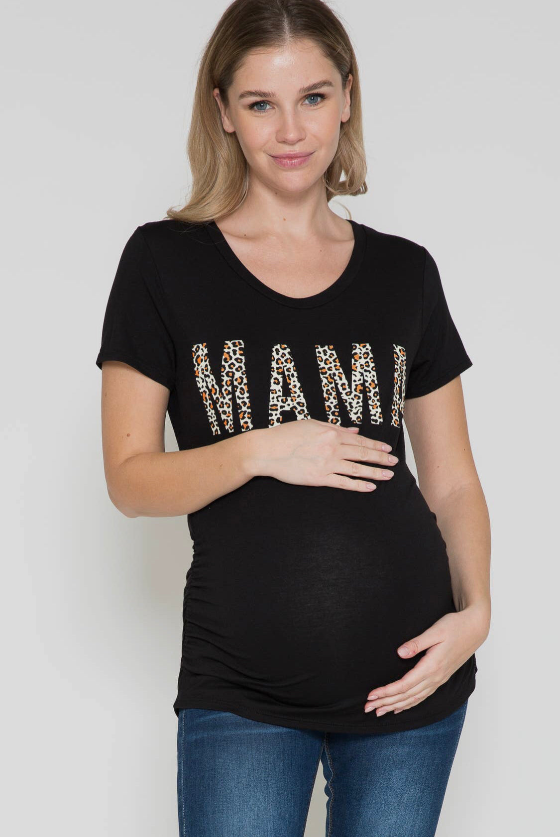 Maternity “Mama” Leopard Print Graphic Tee, Black