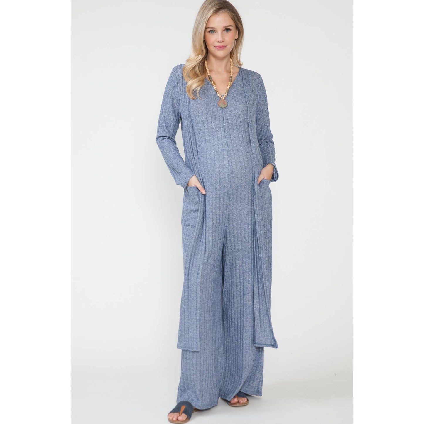 Maternity Maxi Wide Ribbed Jumpsuit & Cardigan 2Pc Set