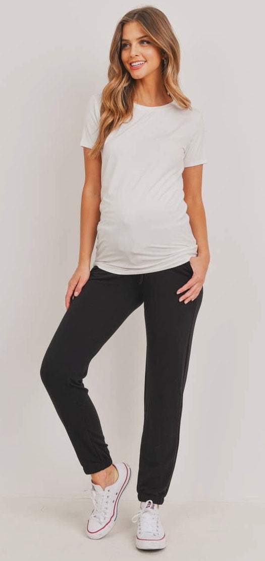 Hello Miz Two-Toned Brushed Terry Maternity Sweatpants, Black