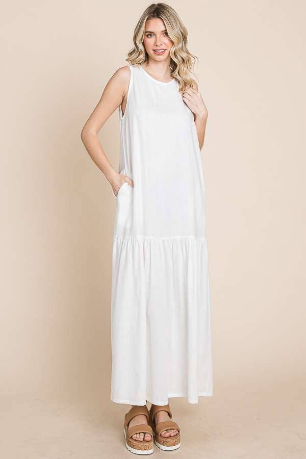 Maxi Mama Tiered Linen Dress with Pockets, Soft White