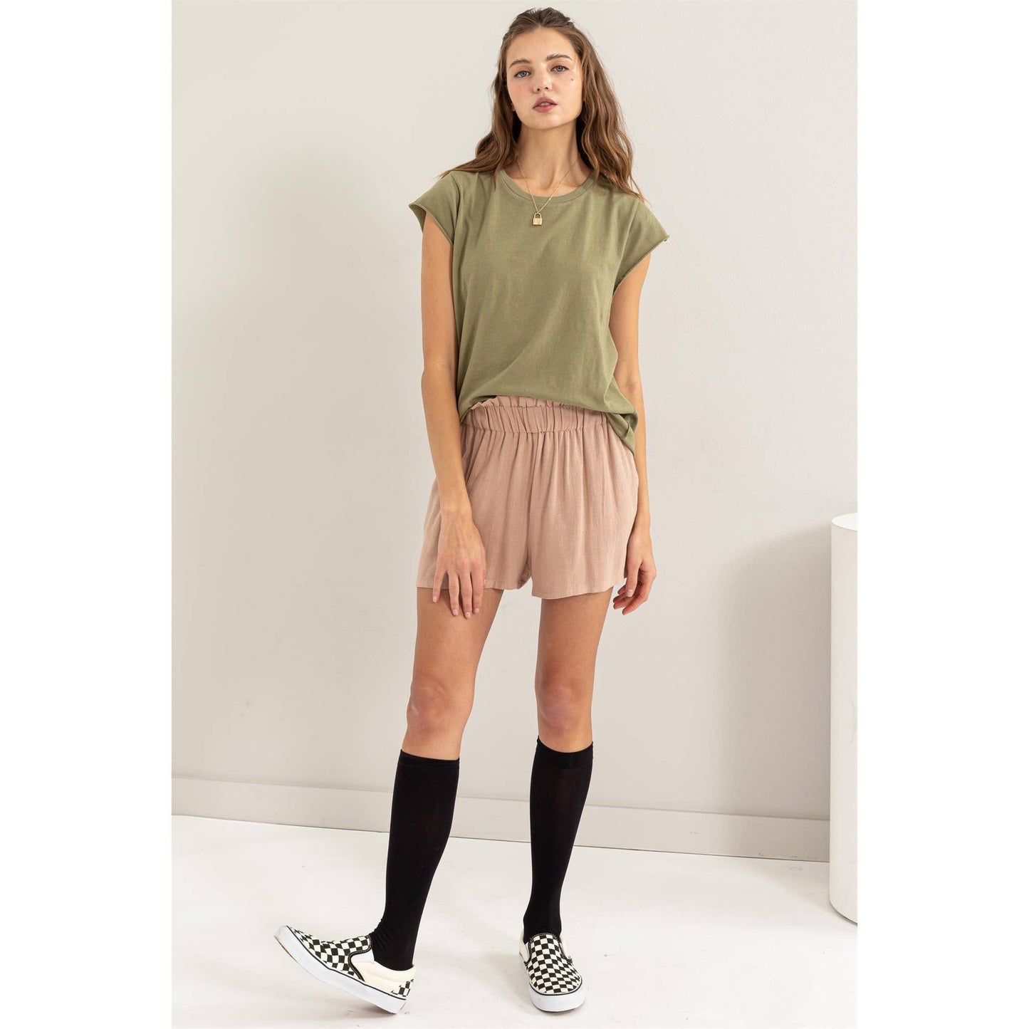 Stretchy Linen Paperbag Shorts, Clay