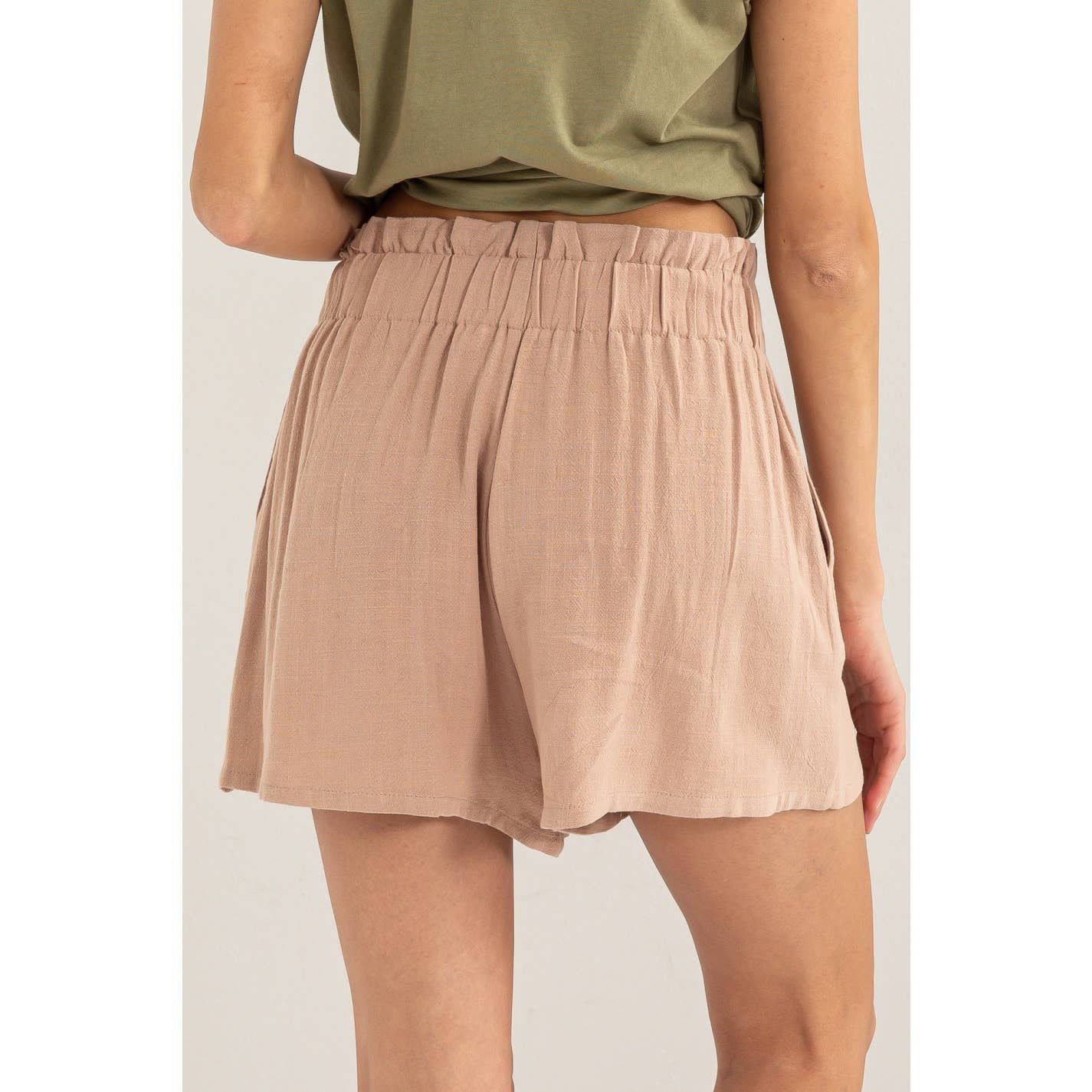 Stretchy Linen Paperbag Shorts, Clay