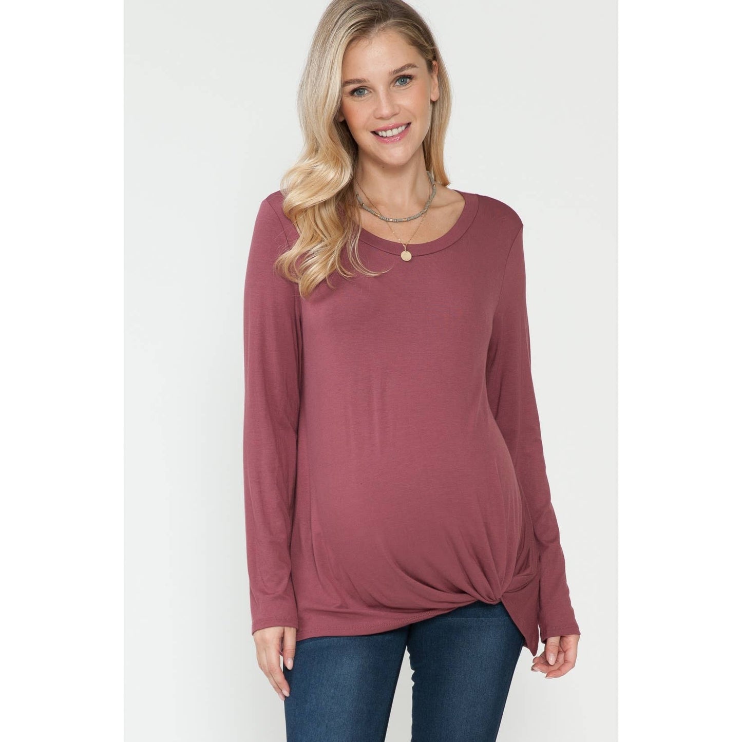 Maternity Front Hem Twist Basic Solid Long Sleeve Solid Top