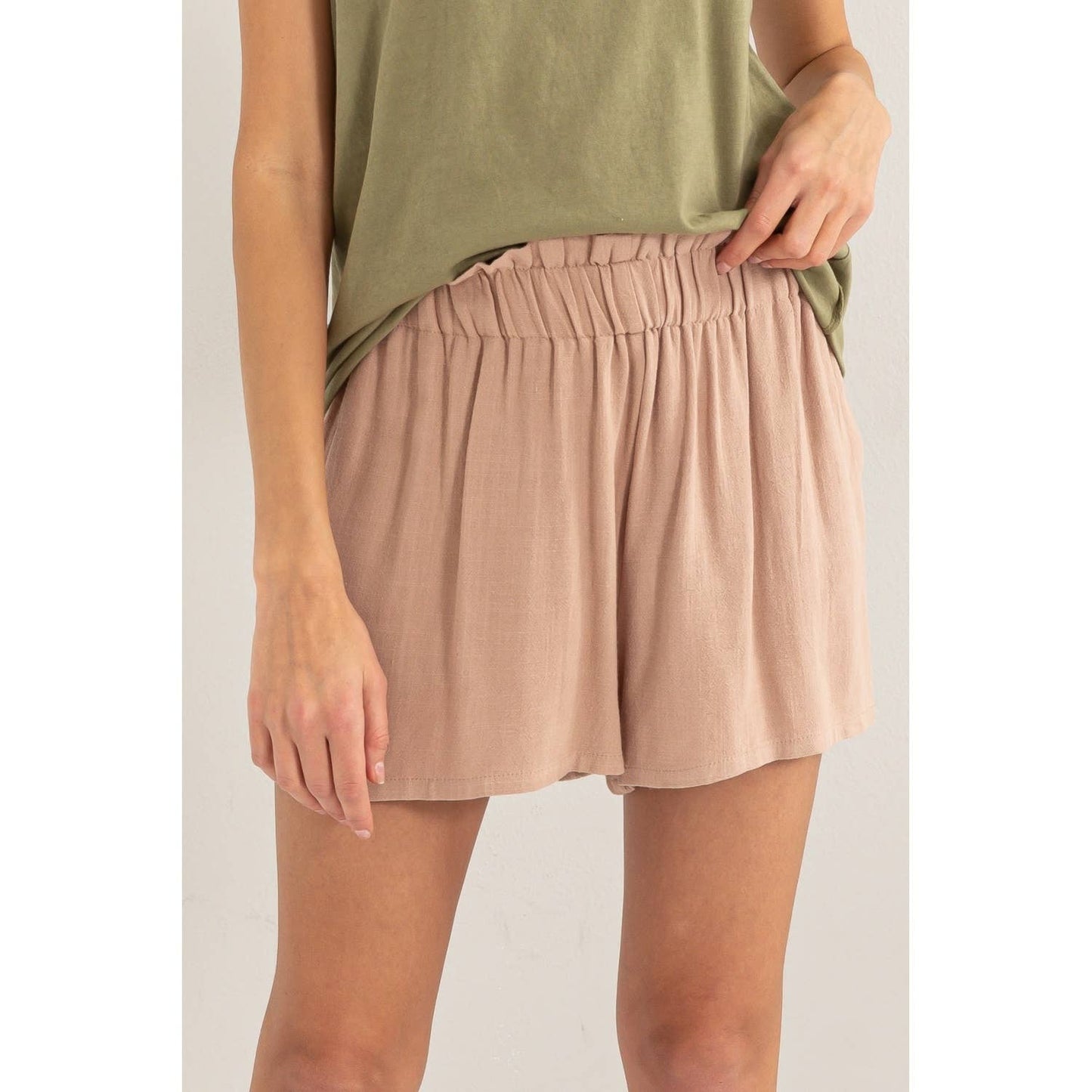 Stretchy Linen Paperbag Shorts, Clay