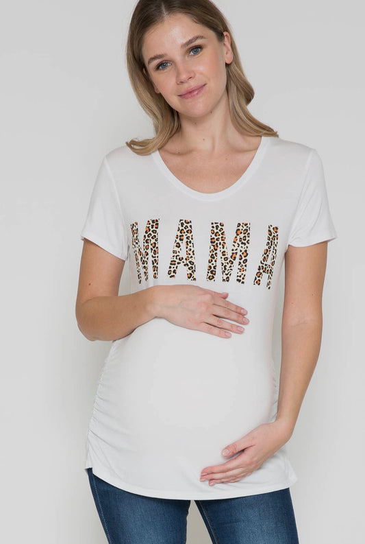 Maternity “Mama” Leopard Print Graphic Tee, White