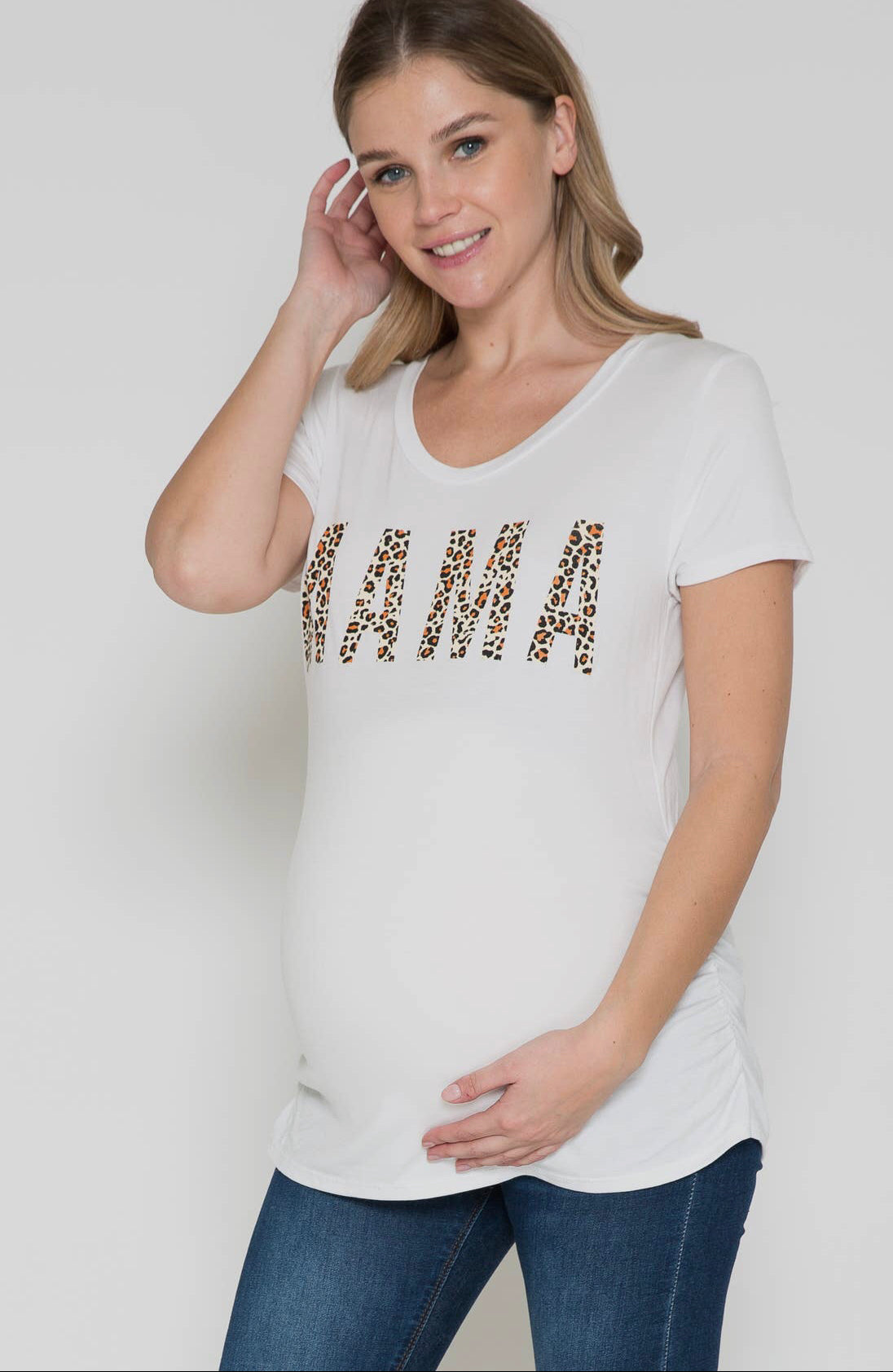 Maternity “Mama” Leopard Print Graphic Tee, White