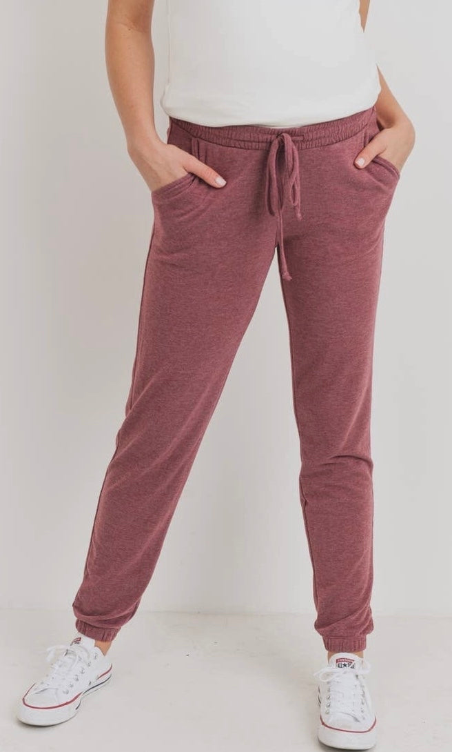 Hello Miz Two-Toned Brushed Terry Maternity Sweatpants, Burgundy