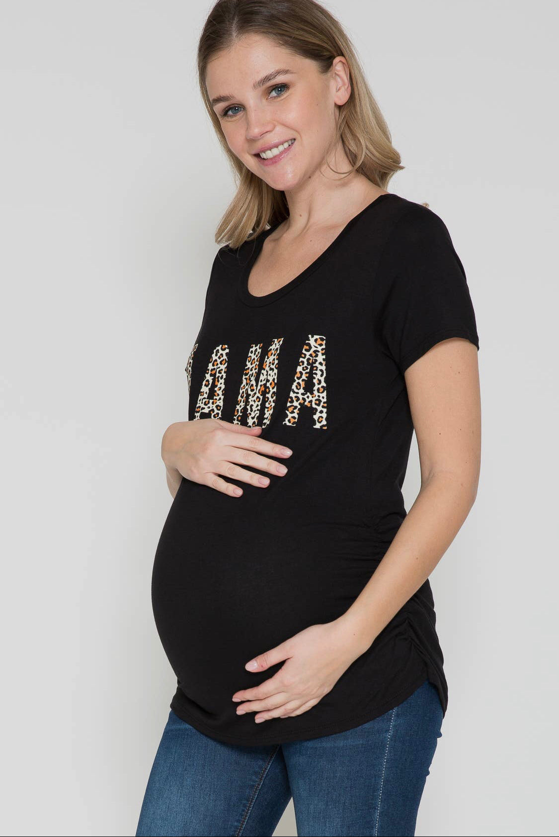 Maternity “Mama” Leopard Print Graphic Tee, Black