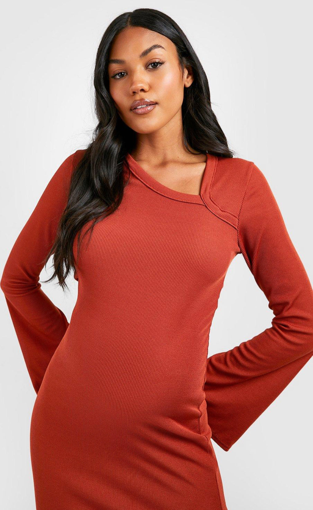 Boohoo Maternity Rib Asymmetric Neck Midi Dress