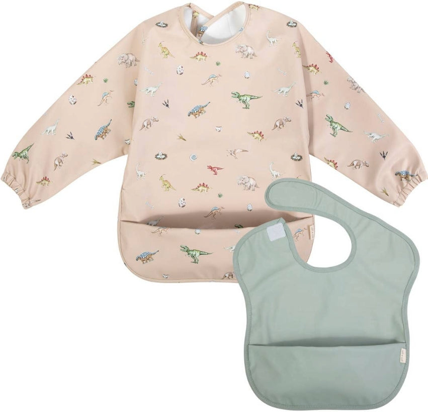 ali+oli 2-piece Smock Bib Long and Short Sleeve Set, Dino Mint