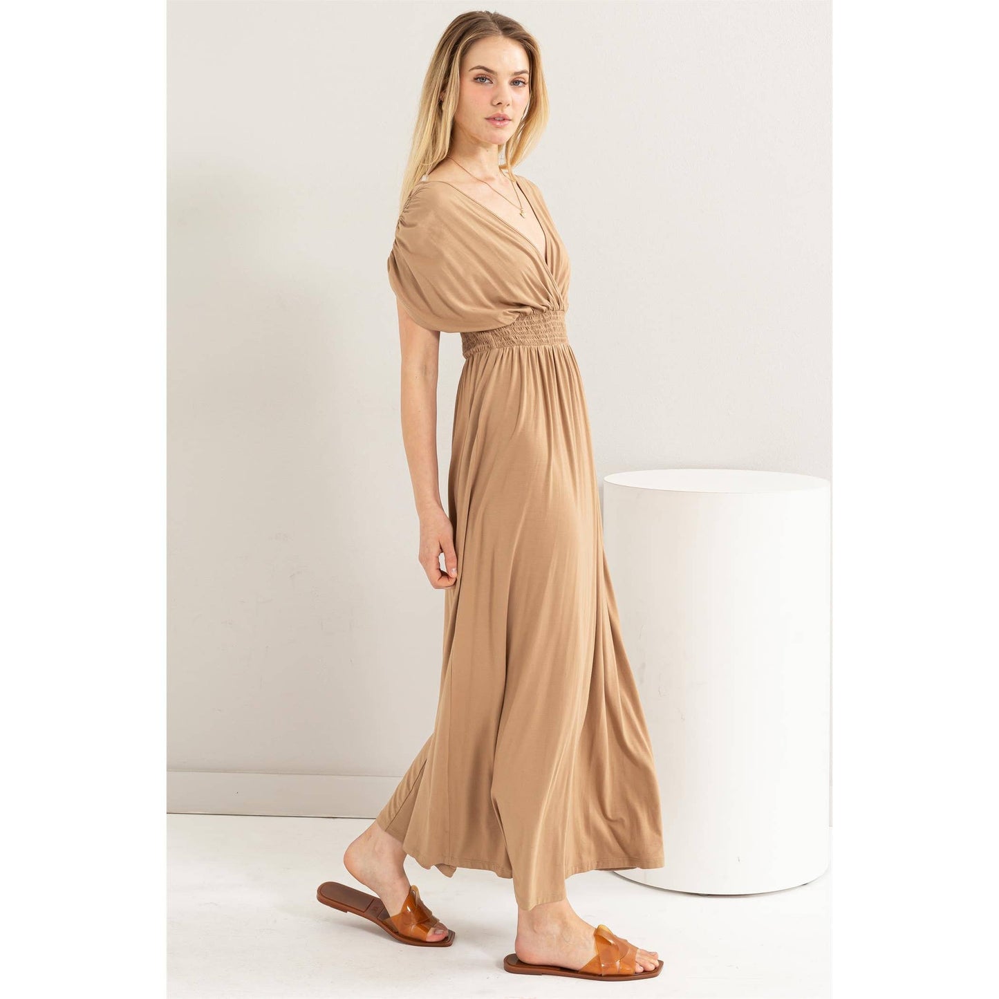 Jersey Knit Reversible Bump & Nursing Friendly Smocked Midi Dress, Taupe