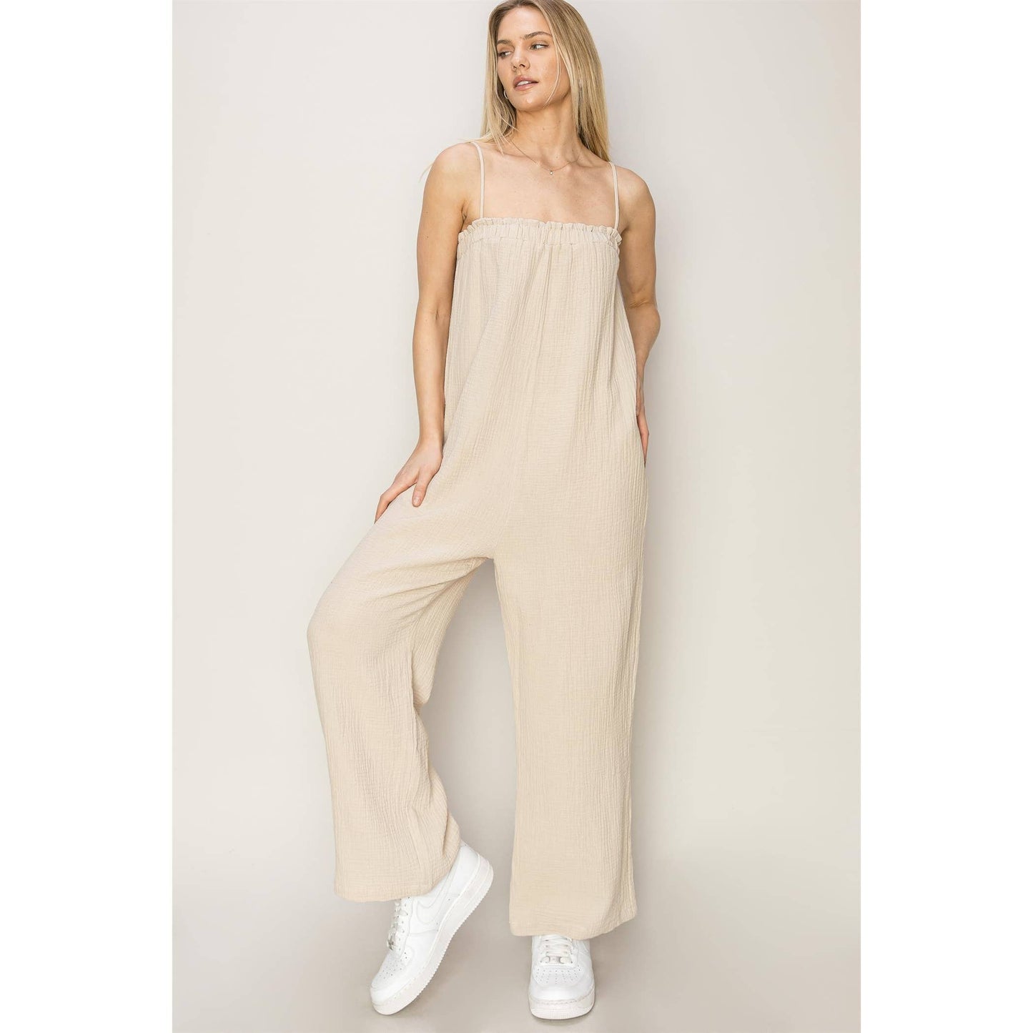 100% Cotton Gauzy Mama Maternity Jumpsuit, Beige