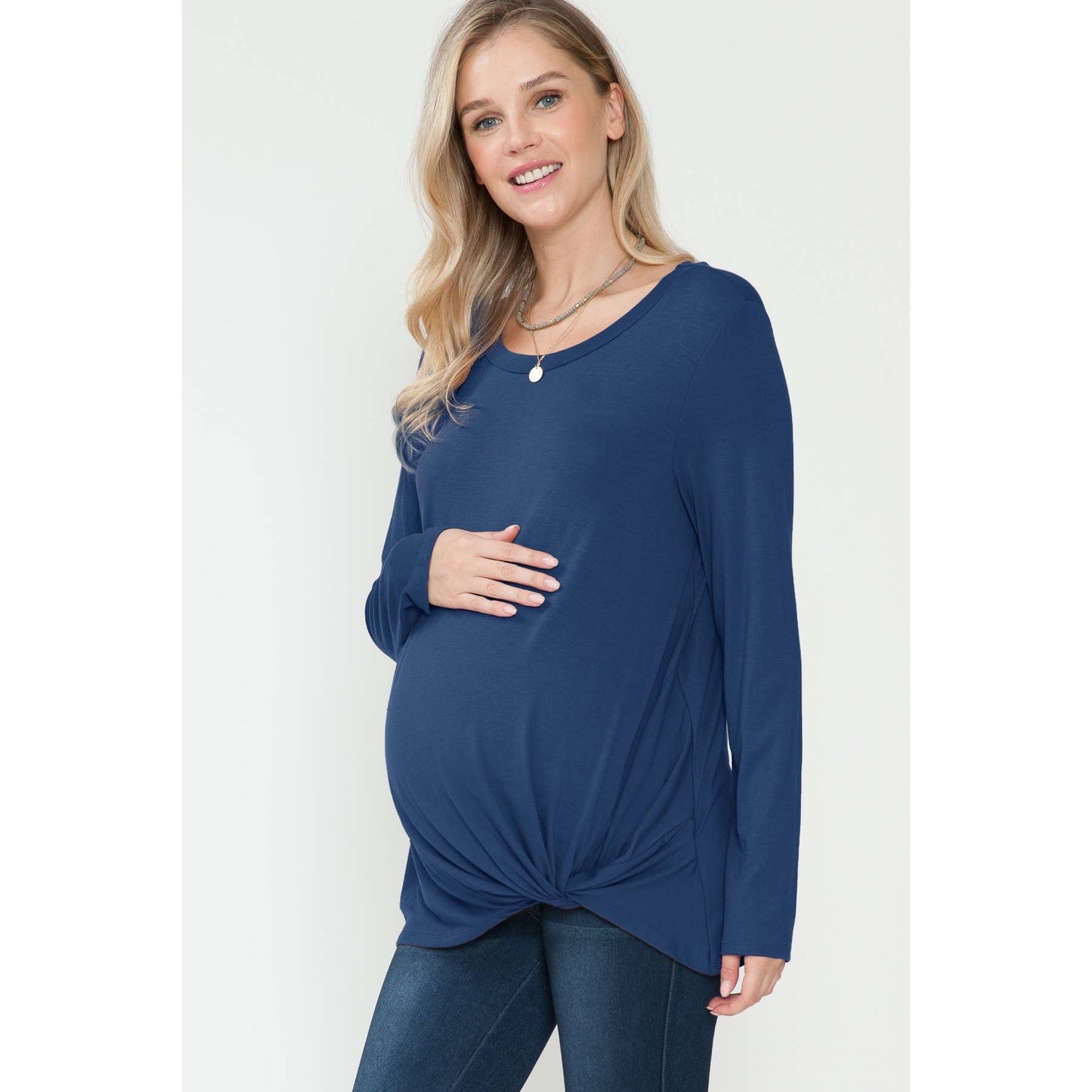 Maternity Front Hem Twist Basic Solid Long Sleeve Solid Top