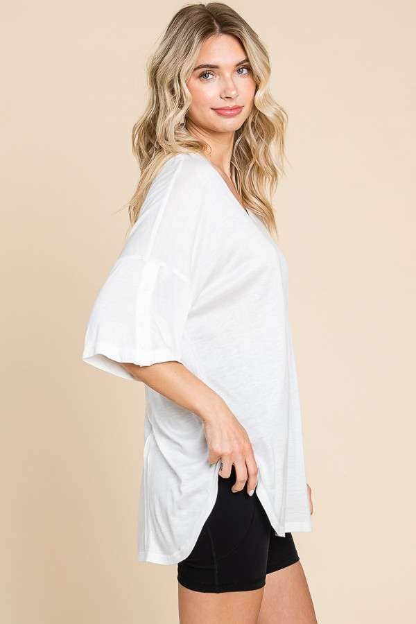 Exposed Seam Button Detail Sleeve Top, Soft White