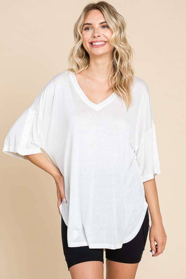 Exposed Seam Button Detail Sleeve Top, Soft White