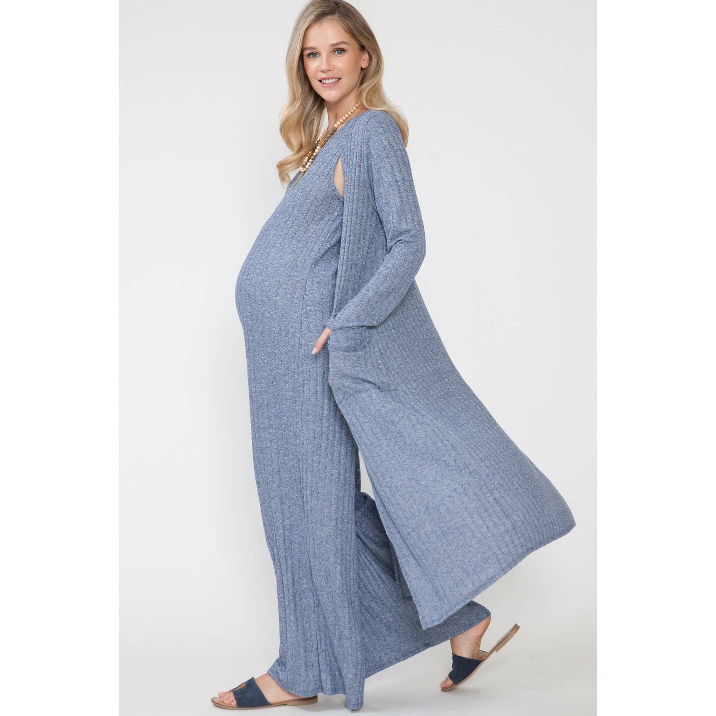 Maternity Maxi Wide Ribbed Jumpsuit & Cardigan 2Pc Set