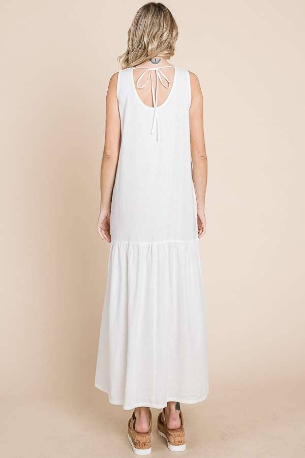 Maxi Mama Tiered Linen Dress with Pockets, Soft White