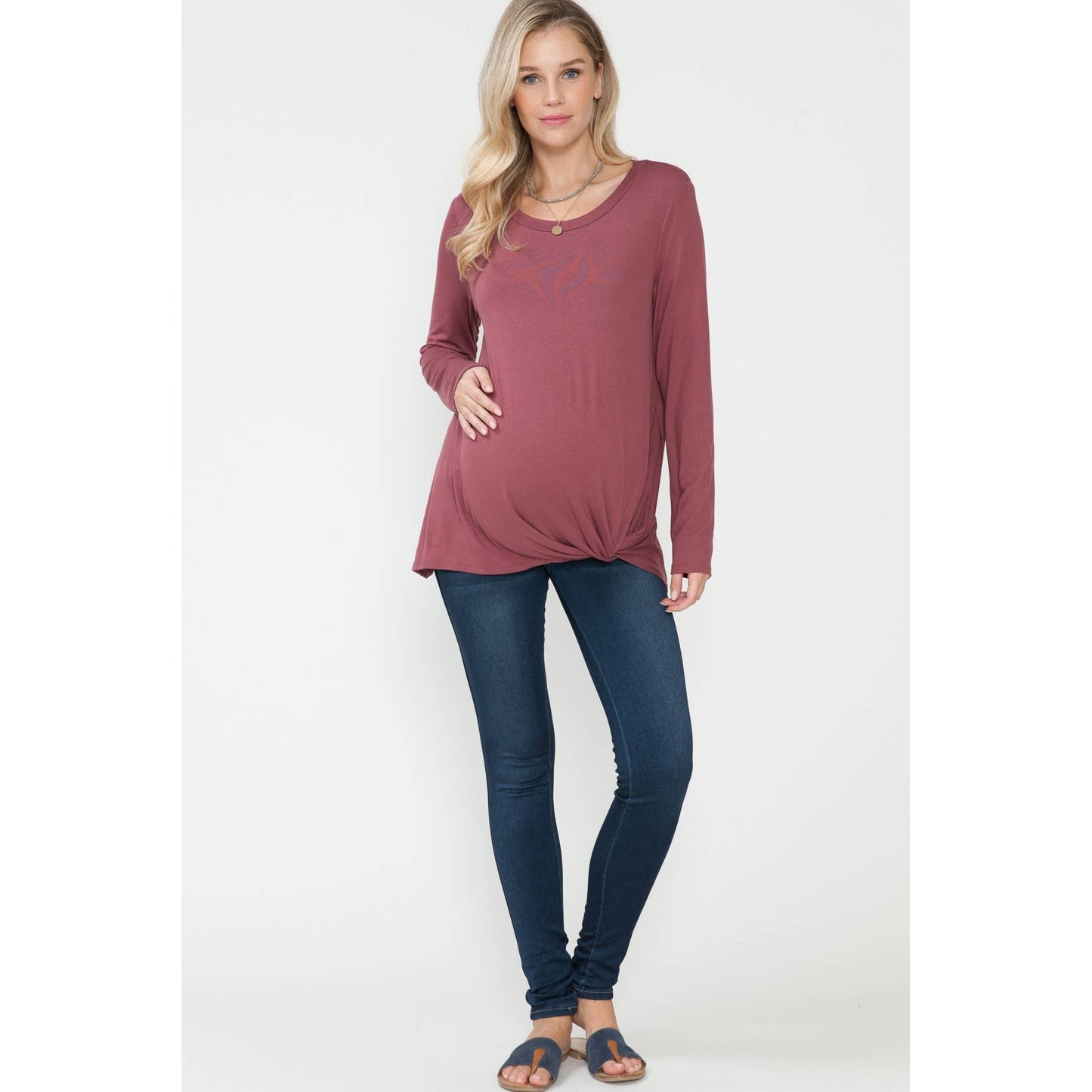 Maternity Front Hem Twist Basic Solid Long Sleeve Solid Top