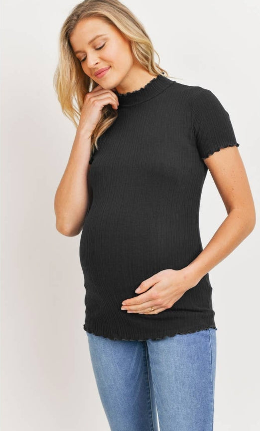 Hello Miz Cotton Ribbed Lettuce Edge Mock Neck Knit Top, Black