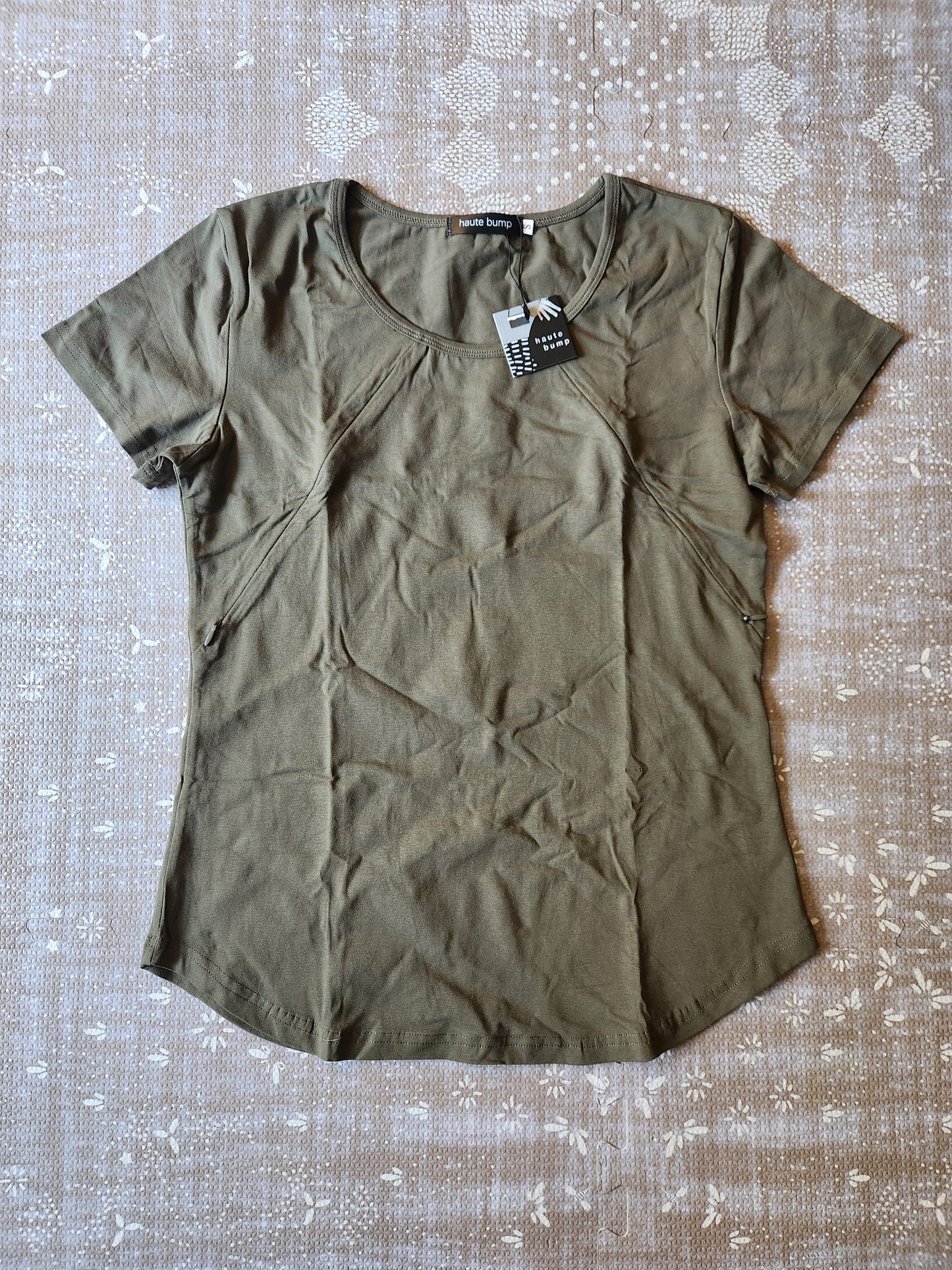 Cotton Stretch Round Hem Hidden Zipper Nursing Tee, Olive