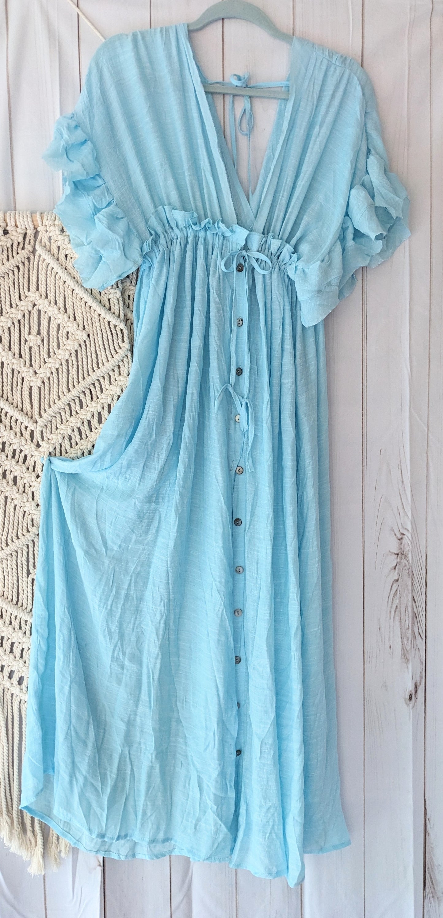 The Boho Bombshell Cotton Blend Photoshoot Gown with Pockets, Sky Blue