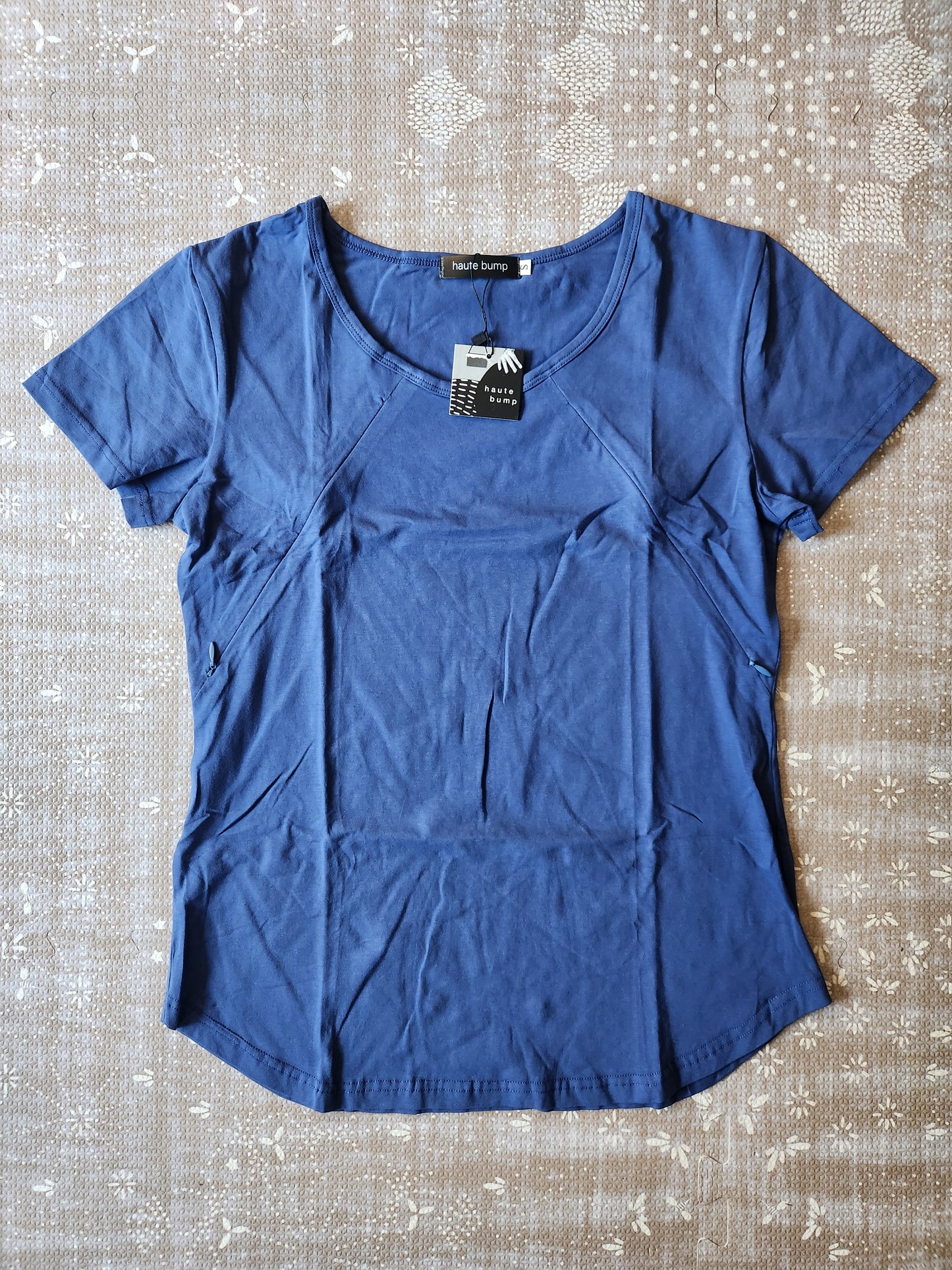 Cotton Stretch Round Hem Hidden Zipper Nursing Tee, Blue