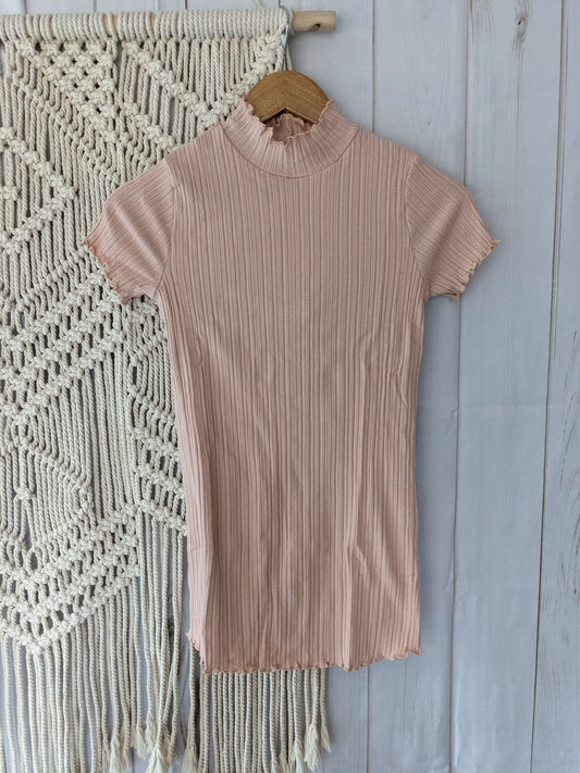 Hello Miz Cotton Ribbed Lettuce Edge Mock Neck Knit Top, Blush