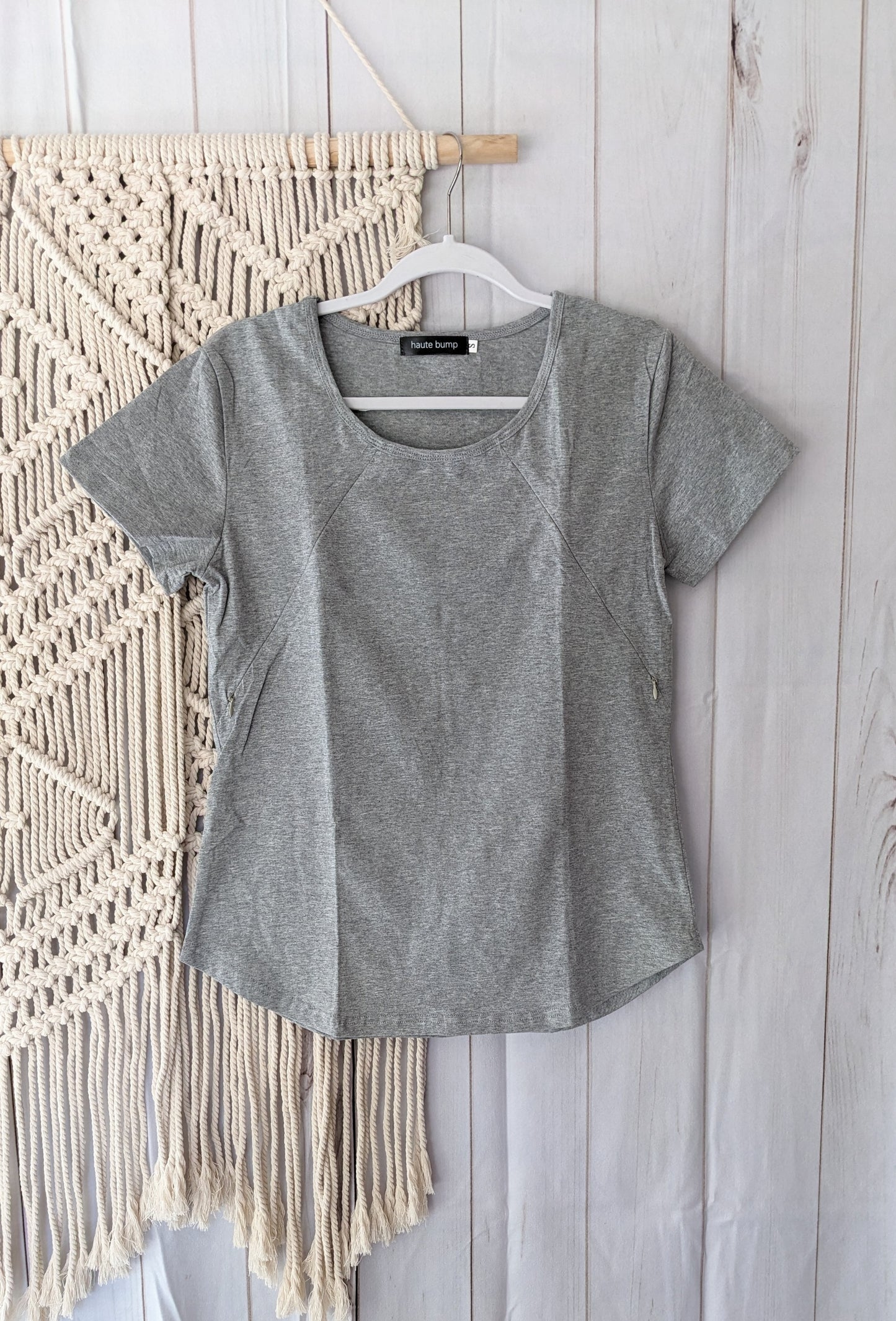 Soft & Stretchy Cotton Round Neck Hidden Zipper Nursing Tee, Grey