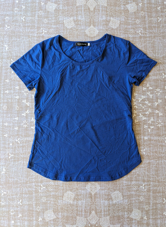 Soft & Stretchy Cotton Round Neck Hidden Zipper Nursing Tee, Blue