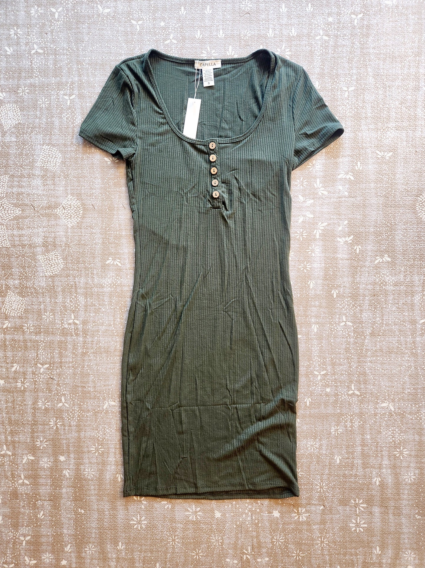 Baby-Ribbed Button Down Nursing & Bump Friendly Dress, Olive